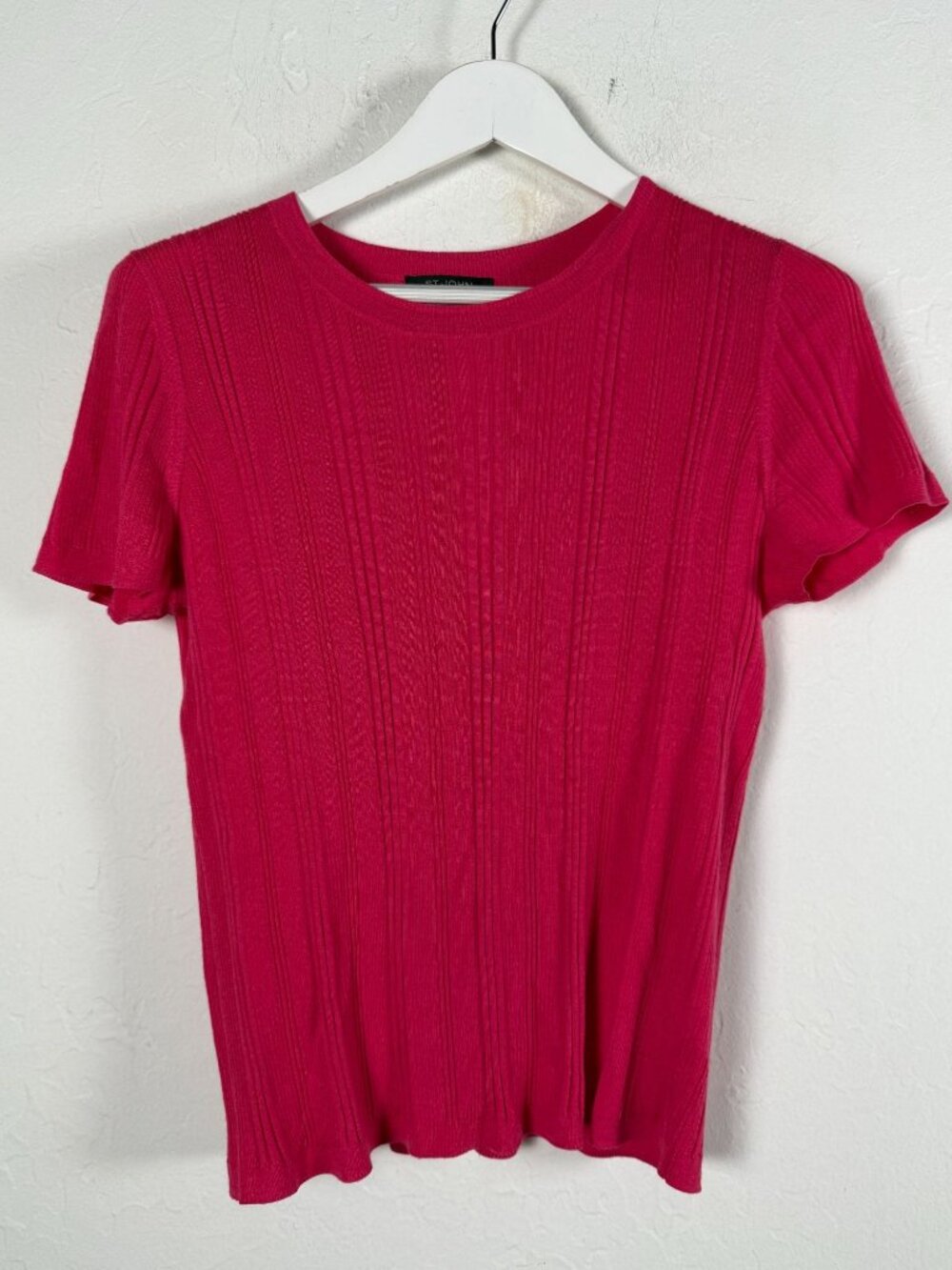 St. John Womens Pink Wool Silk Ribbed Cable Knit Short Sleeve Sweater Top Medium